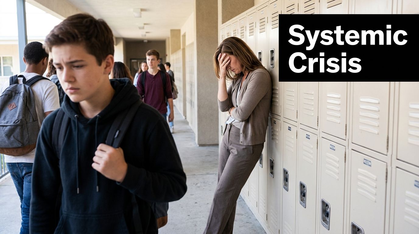 A concerned student walks in a school hallway while a stressed teacher leans against lockers nearby.