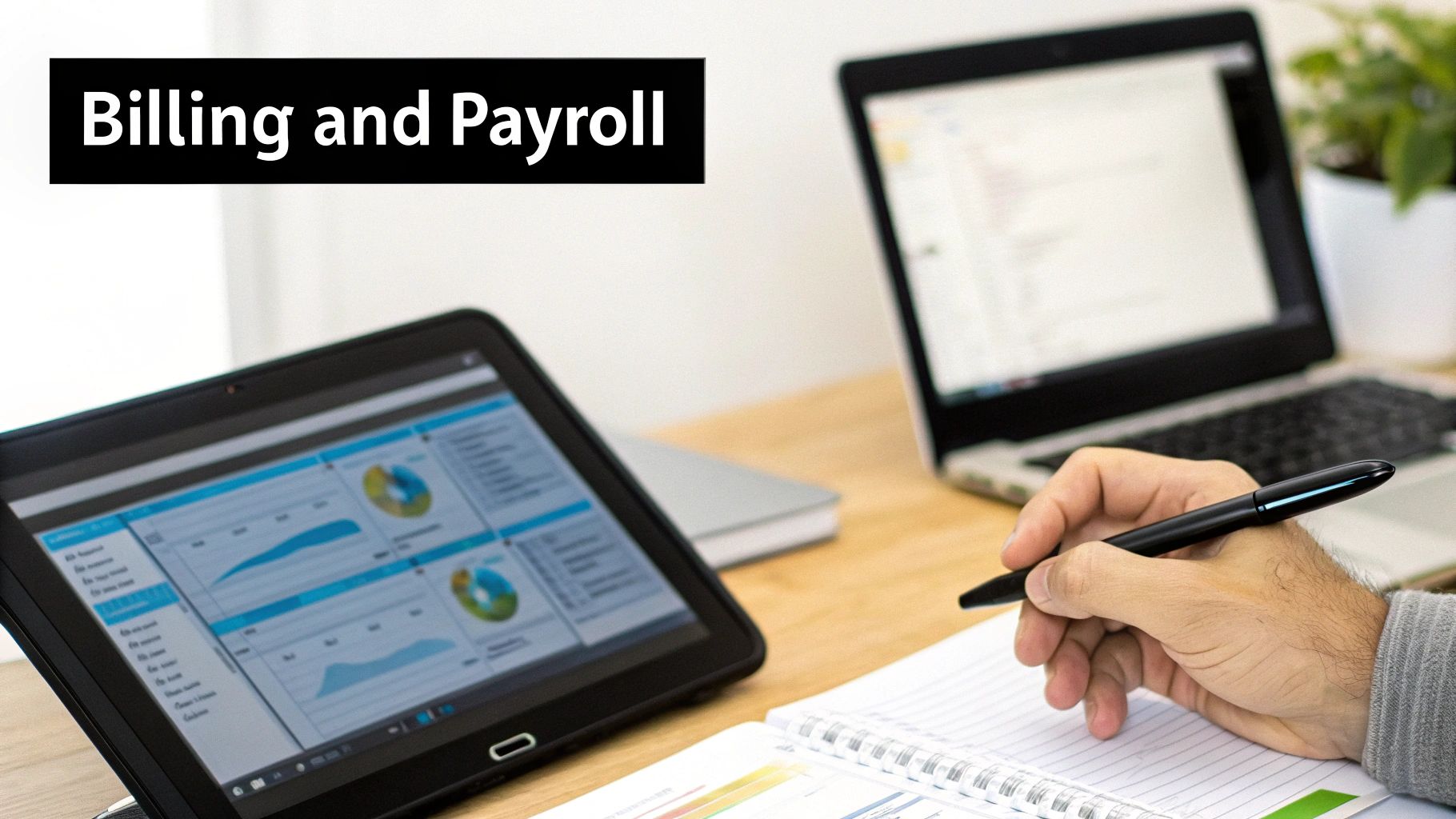 Person working on billing and payroll, using a tablet displaying charts, a notebook, and a laptop.