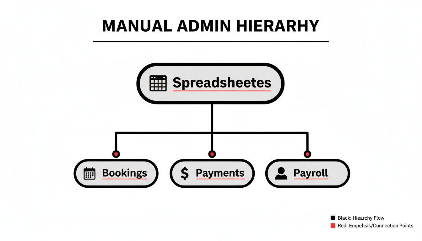 A flowchart showing manual admin hierarchy: Spreadsheets connected to Bookings, Payments, and Payroll.