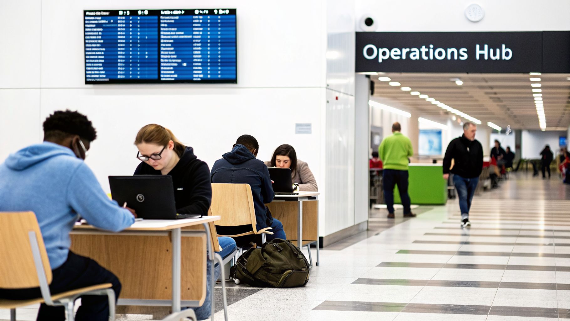 Students work on laptops at desks in a modern university building near an 'Operations Hub' sign.