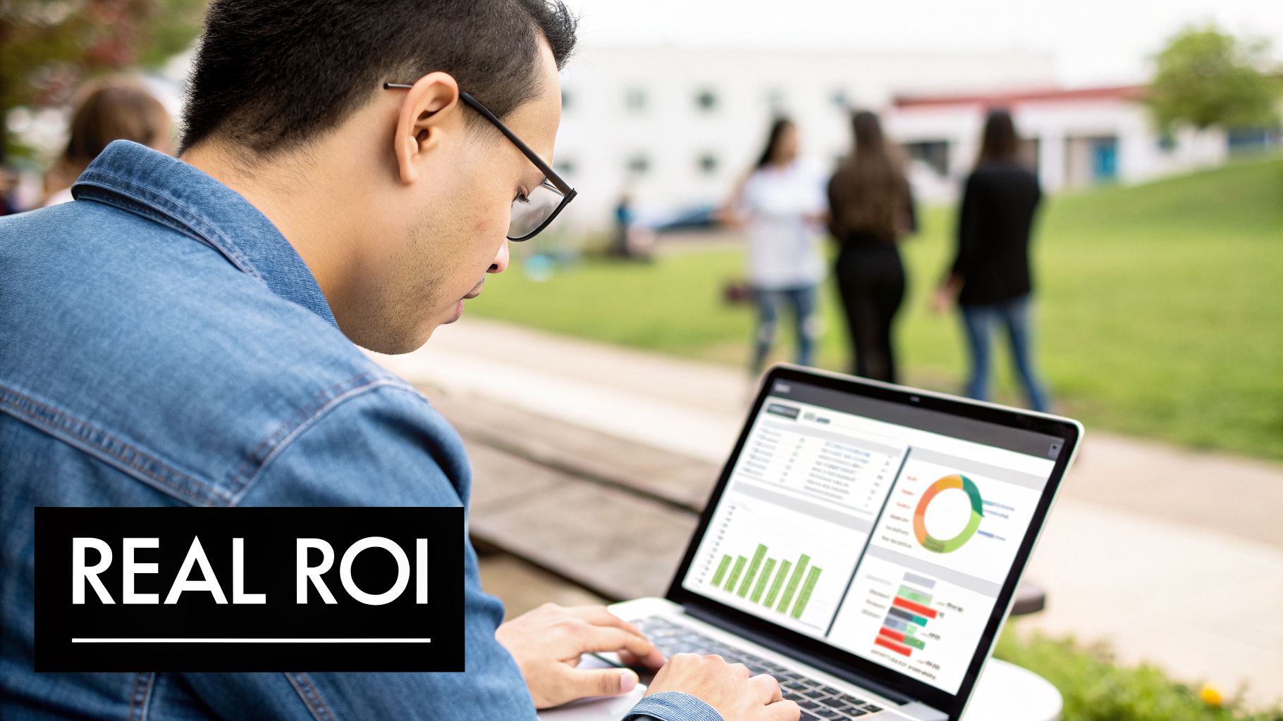 Man in denim jacket analyzing data and ROI metrics on a laptop outdoors, showing charts.