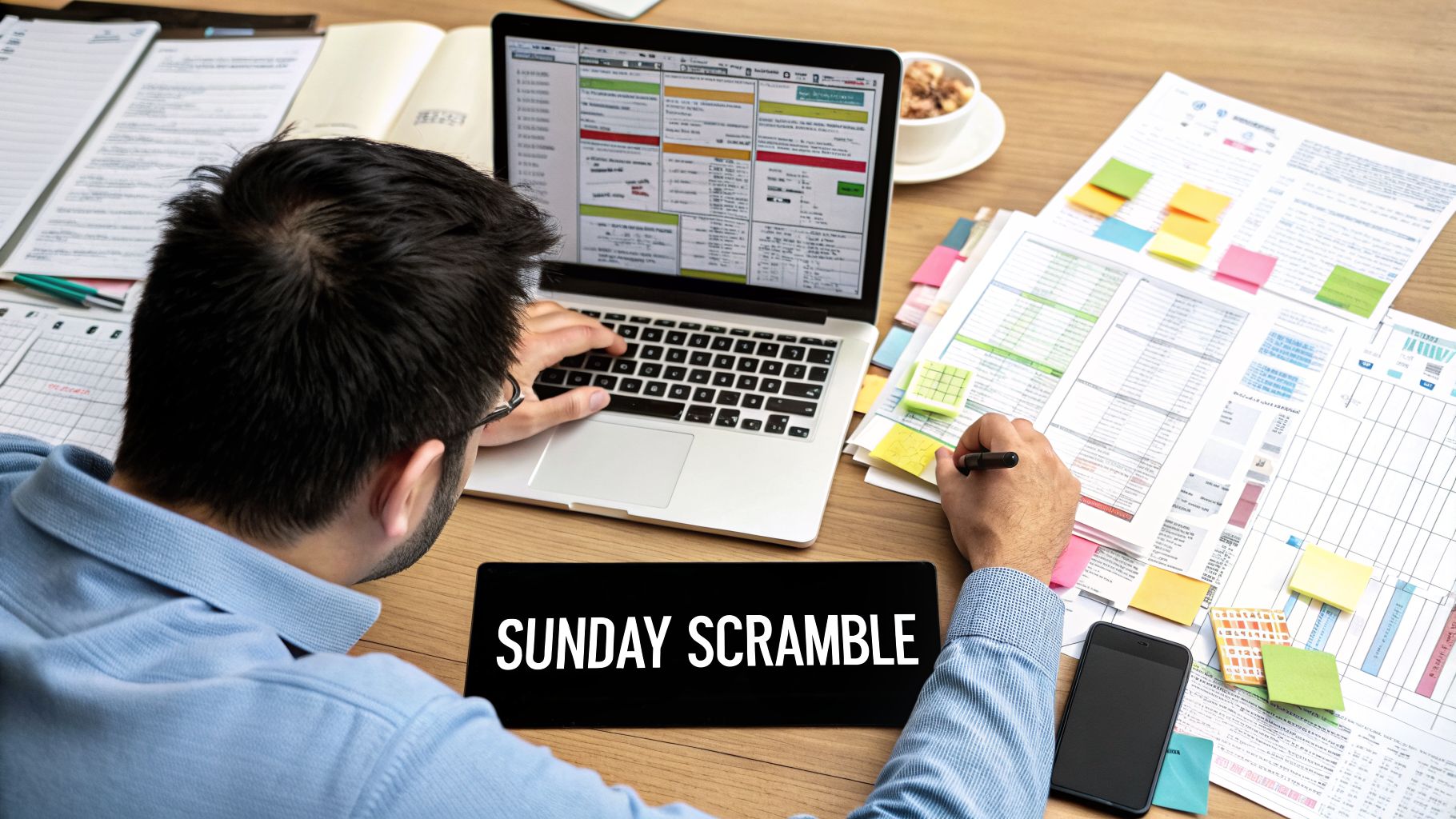 Person working on a laptop and papers at a busy desk, with a 'Sunday Scramble' sign.