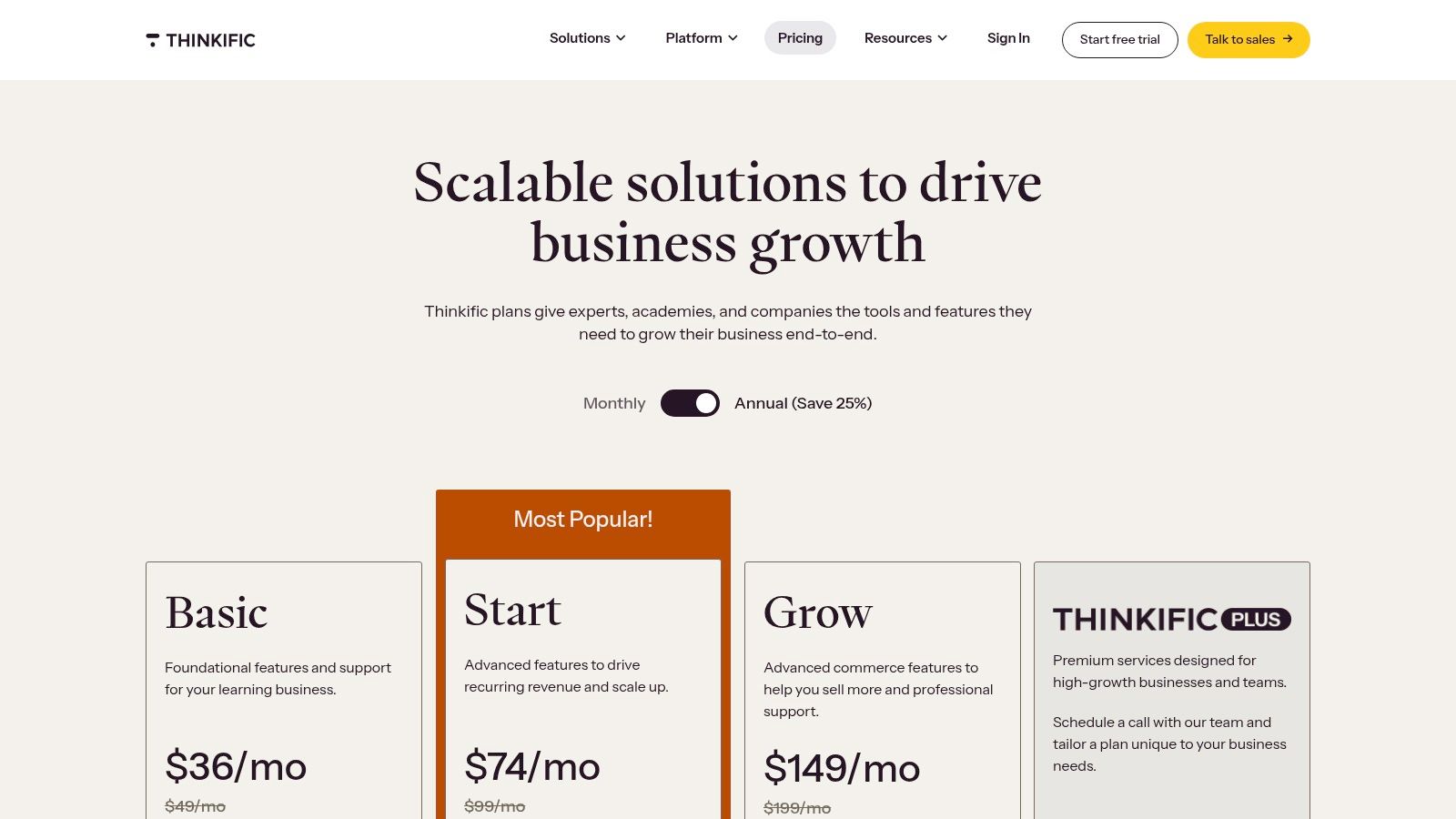 Thinkific pricing plans