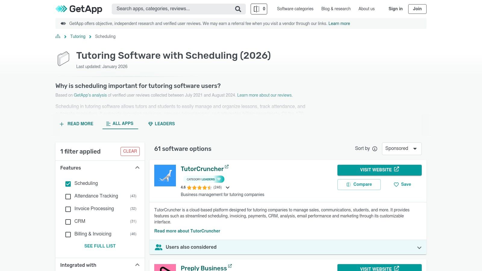 GetApp – Tutoring Software with Scheduling (category)