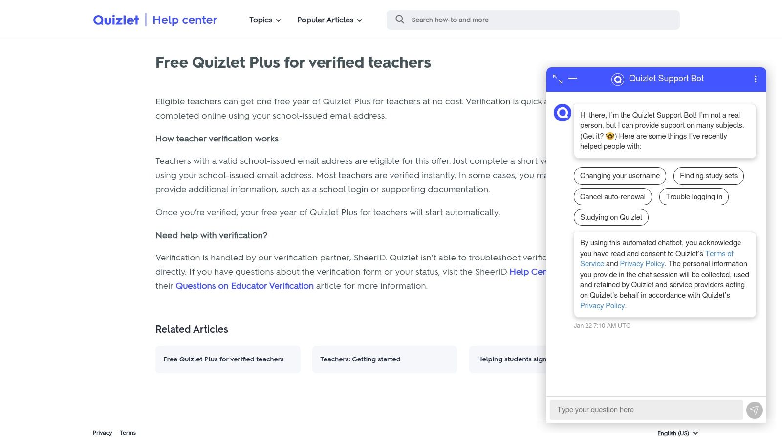 Quizlet support page