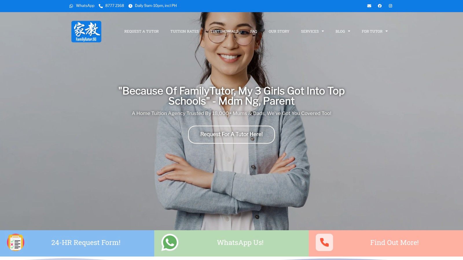 A screenshot of the FamilyTutor website highlighting its focus on vetted, quality home tutors in Singapore.