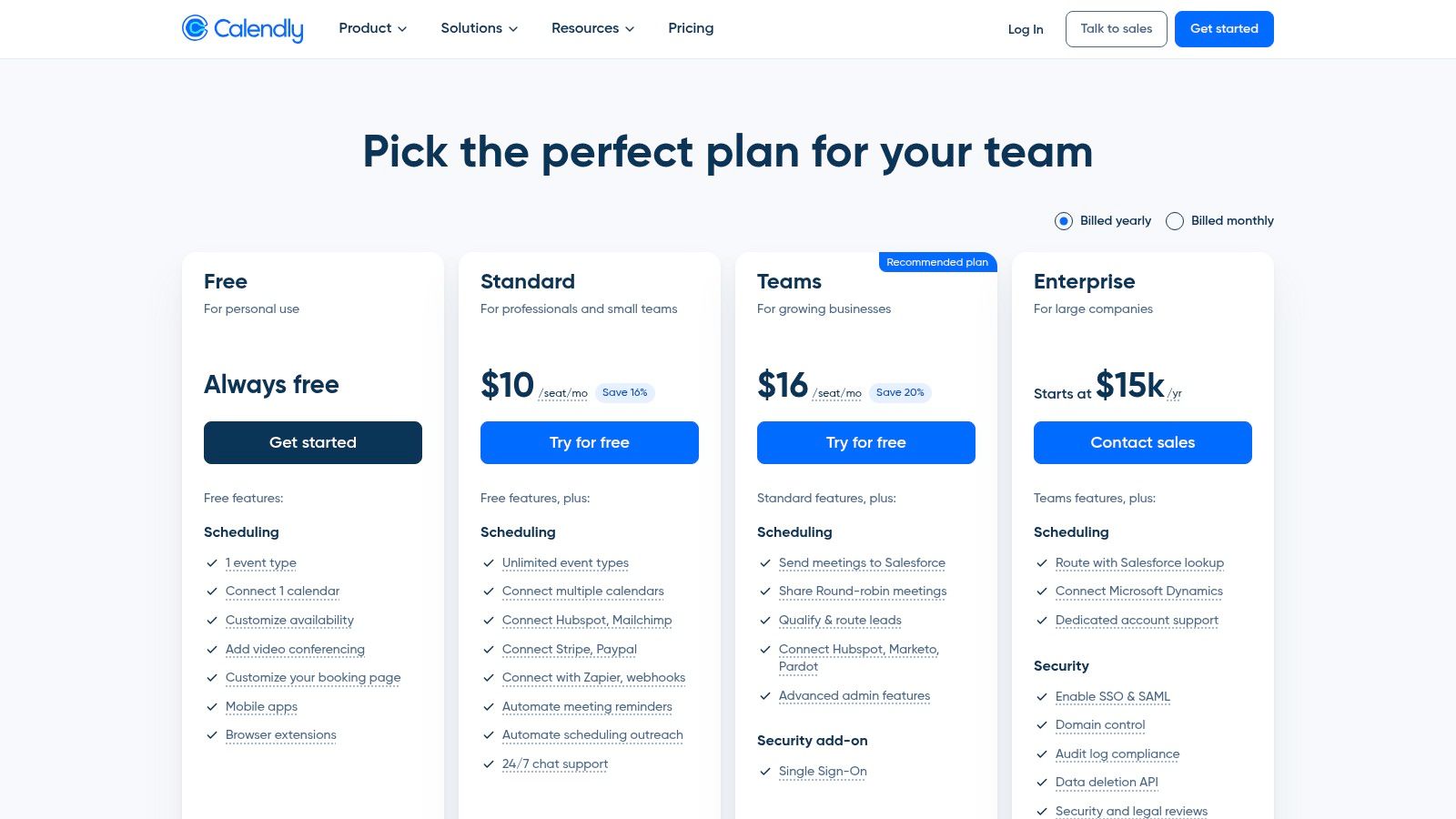 Calendly pricing plans page