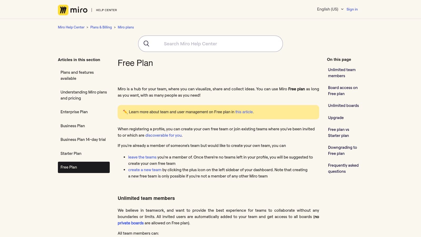 Miro free plan features