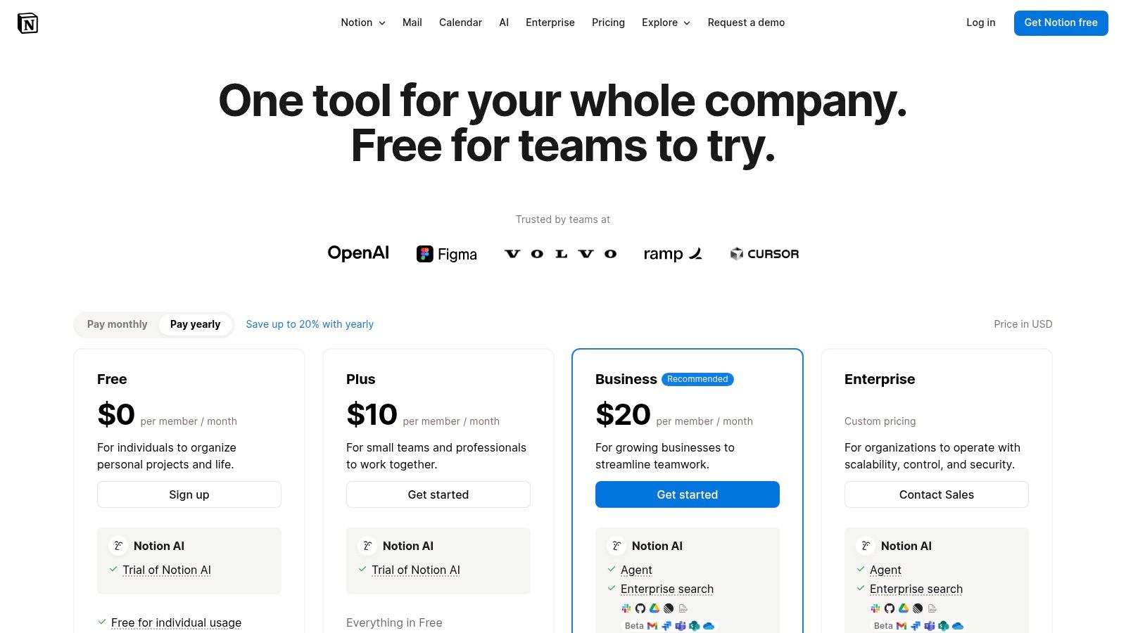 Notion pricing page showing different plans
