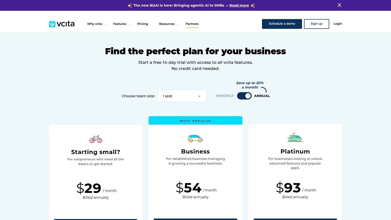 vcita pricing plans showing Essentials, Business, and Platinum options
