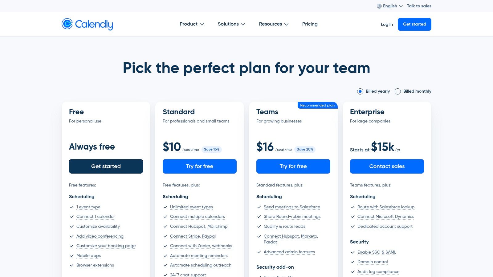 Calendly pricing plans showing Free, Standard, Teams, and Enterprise options