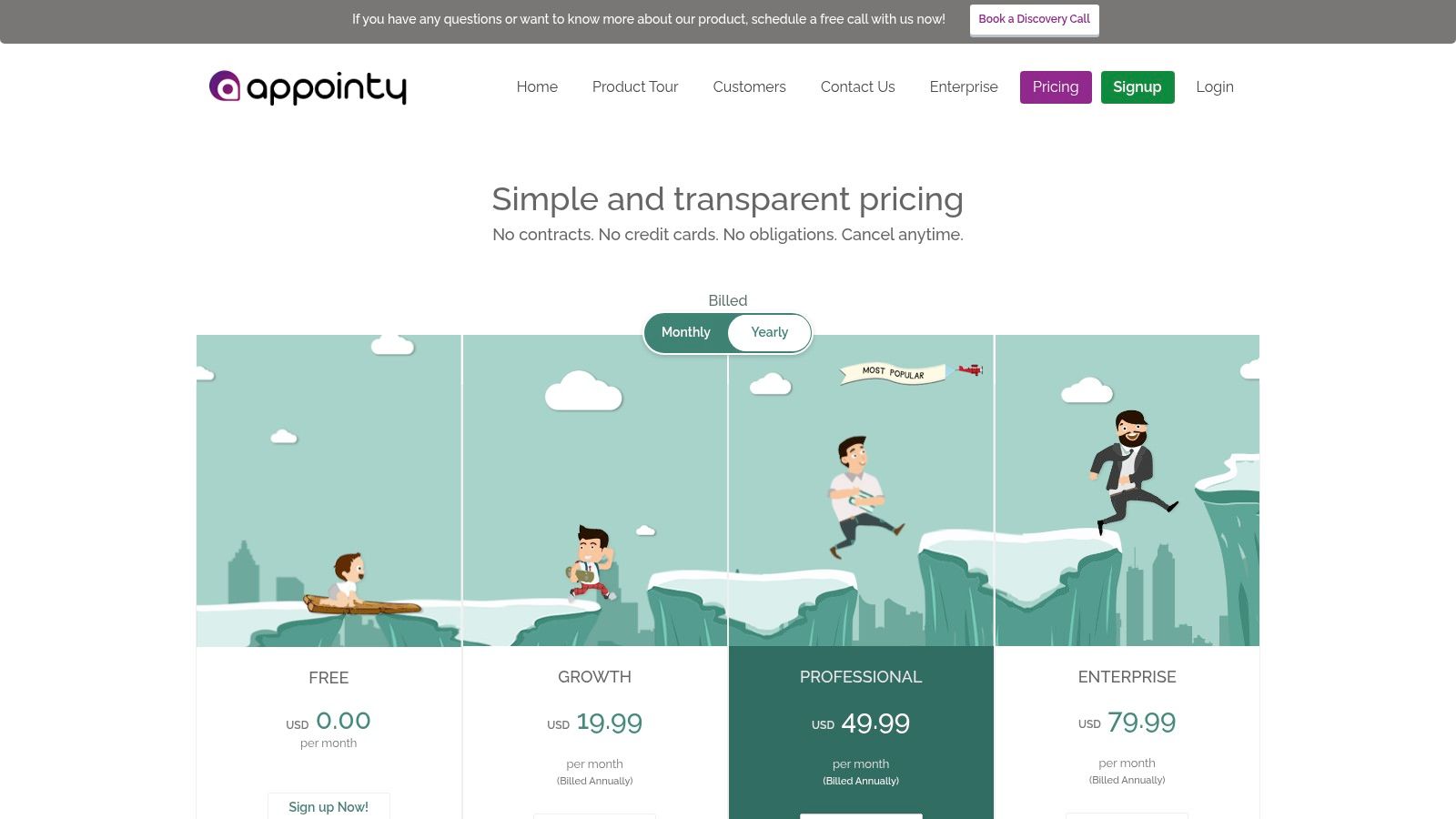 Appointy pricing tiers including Free, Growth, Professional, and Enterprise