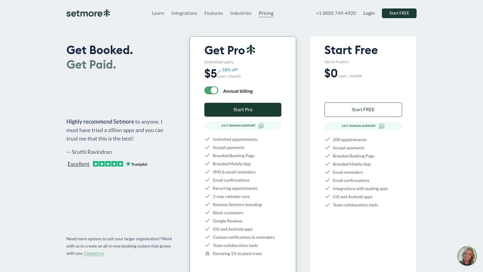 Setmore pricing page showing Free, Pro, and Team options