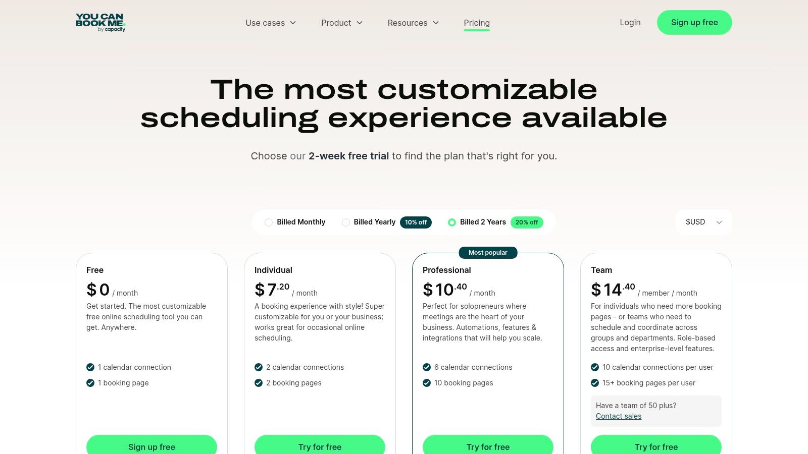 YouCanBook.me pricing plans with a free plan and a paid plan starting at $10.80 per calendar per month