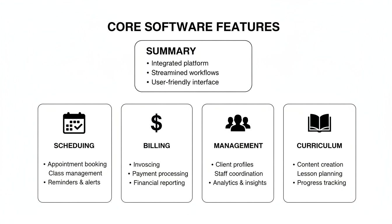 Diagram illustrating core software features including scheduling, billing, management, and curriculum capabilities.