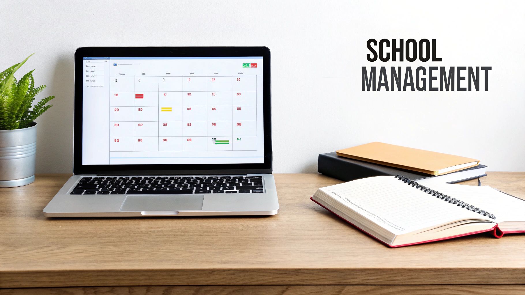 A laptop displaying a school schedule with a plant and notebooks on a desk, promoting school management.