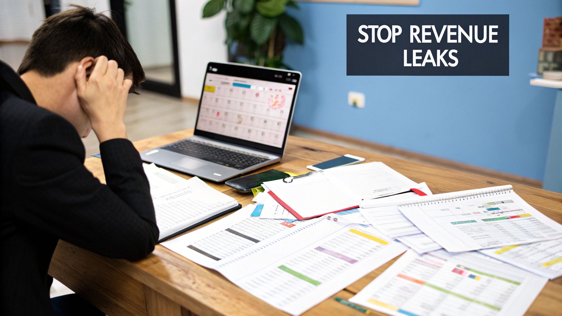 Stressed person at a desk cluttered with business documents, a laptop, and a "STOP REVENUE LEAKS" banner.