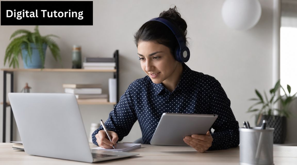 A female student wears headphones and takes notes while participating in an online tutoring session.