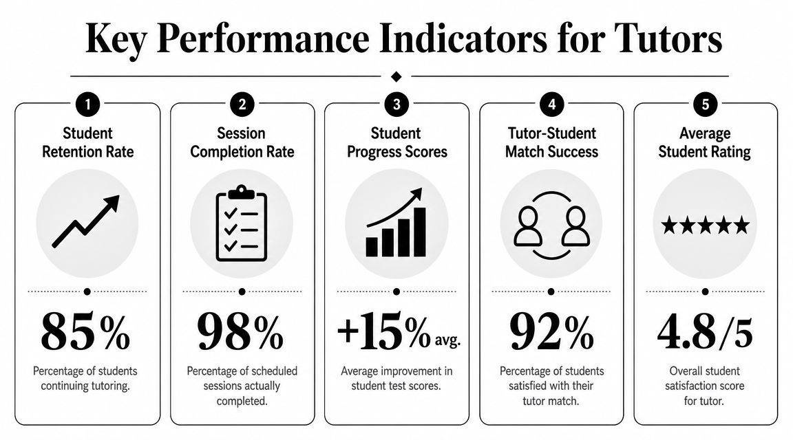 An infographic showing five key performance indicators for tutors, including retention rates, session completion, and student satisfaction.