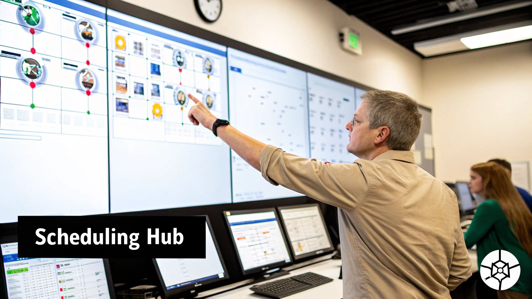 A man points at a large multi-screen scheduling hub display in a modern control room.