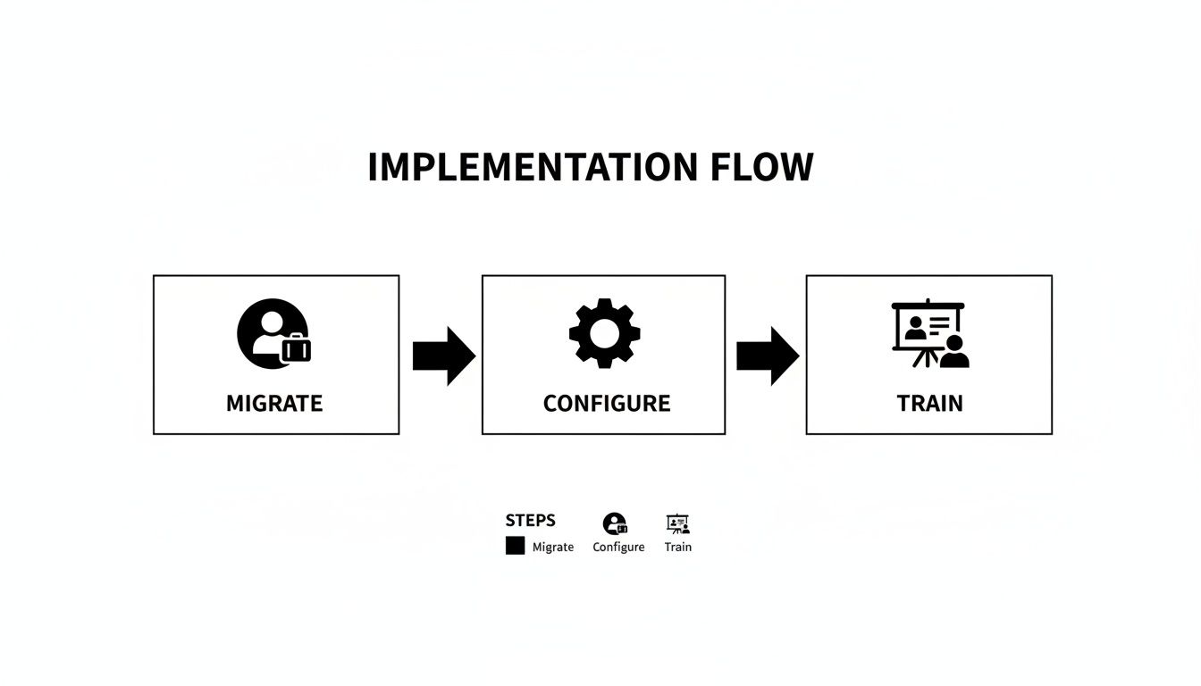 Diagram showing an implementation flow with three steps: Migrate, Configure, and Train.