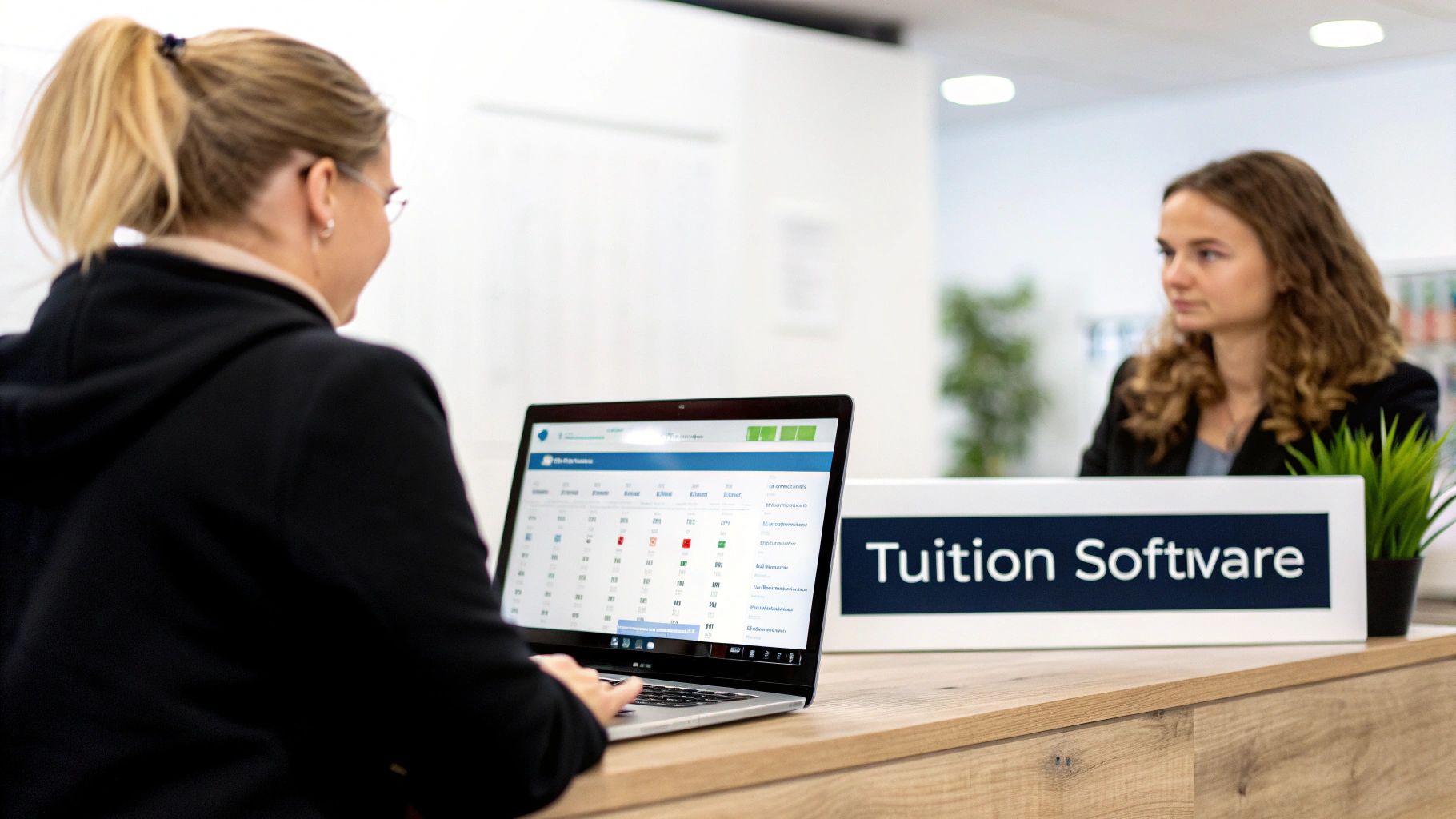 A woman works on a laptop at a counter with a 'Tuition Software' sign.