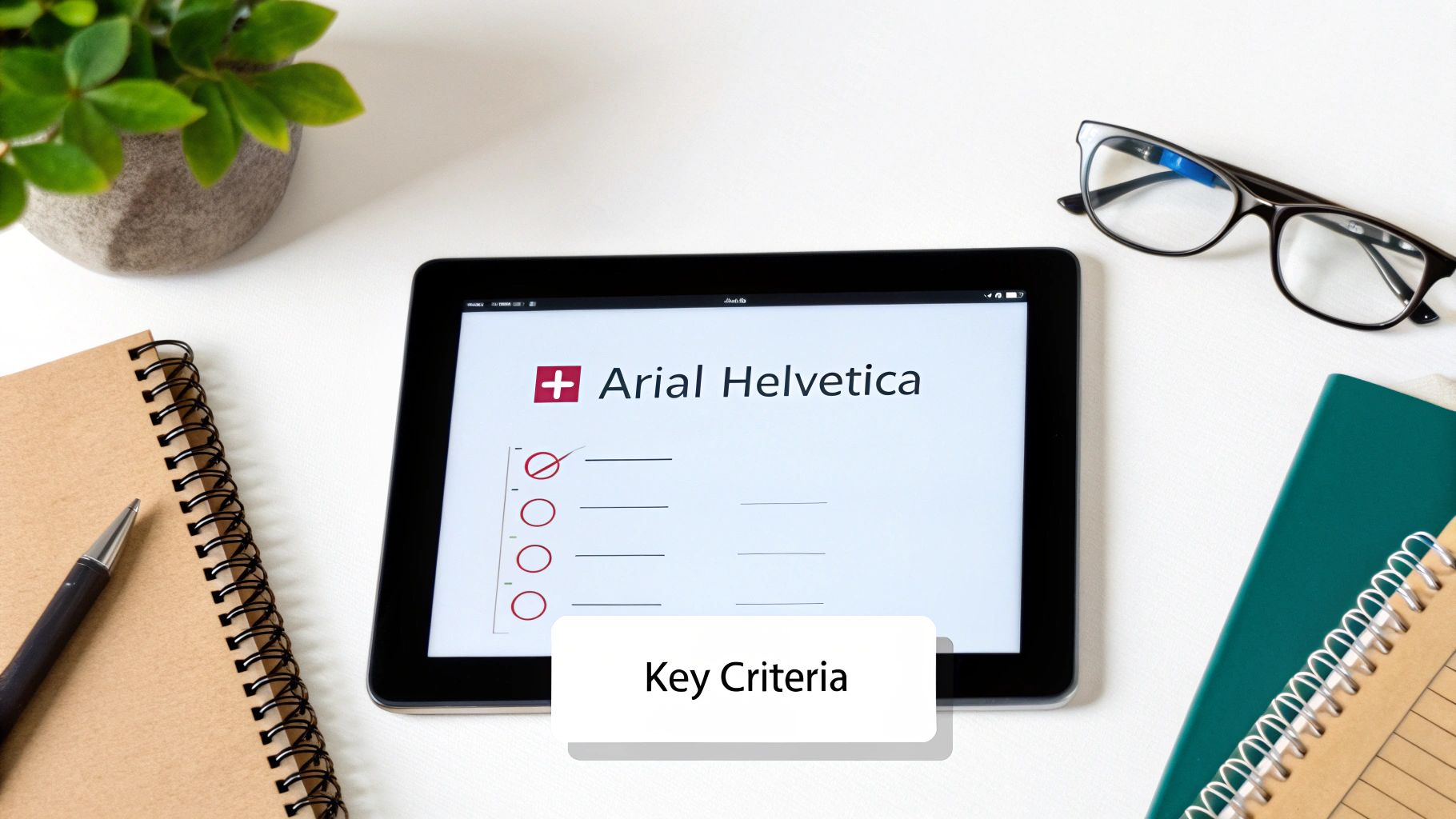 A tablet on a white desk displays a checklist for 'Key Criteria' with 'Arial Helvetica' font.
