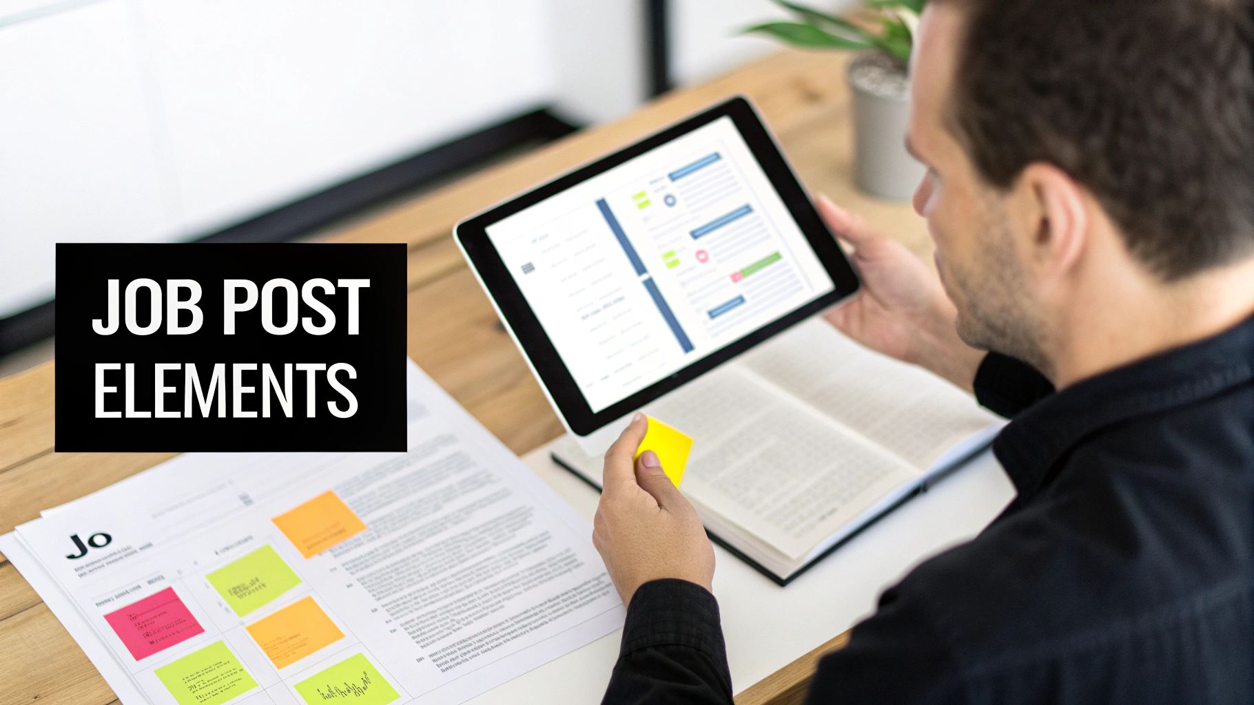 A person reviewing job post elements on a tablet and paper documents with colorful sticky notes at a desk.