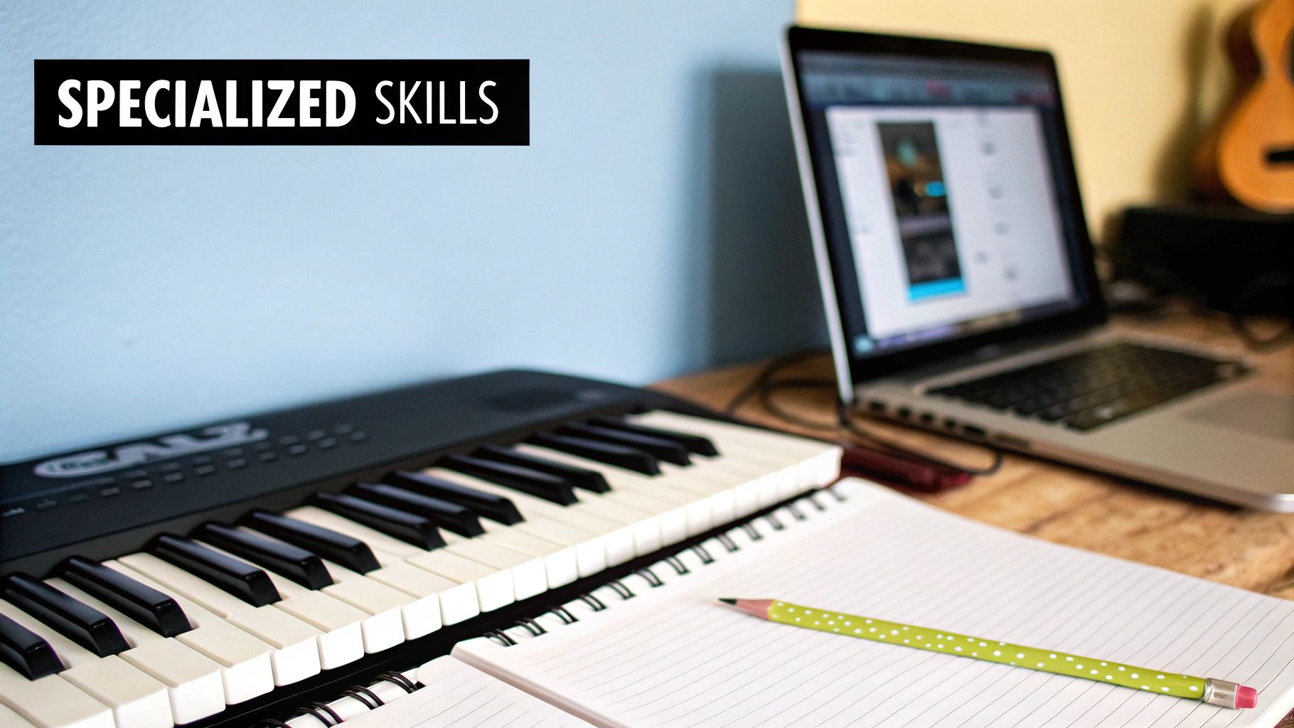 A desk with a musical keyboard, laptop, and notebook with a pencil, highlighting specialized skills.