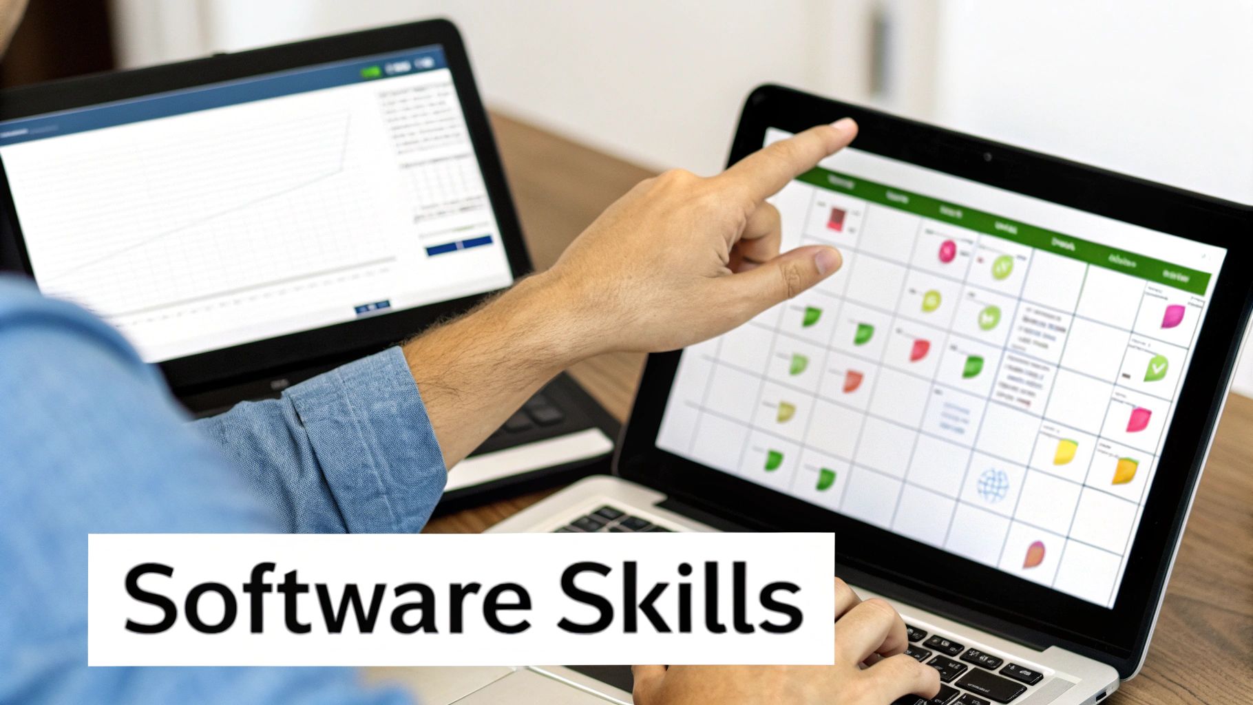 Person points at laptop screens displaying software interfaces and data charts, emphasizing software skills.