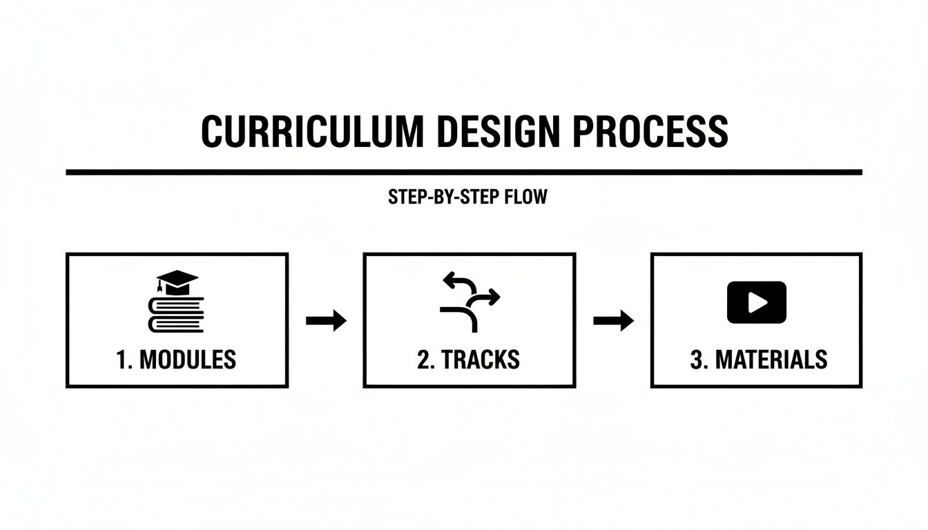 A step-by-step curriculum design process flow showing Modules, Tracks, and Materials with icons.