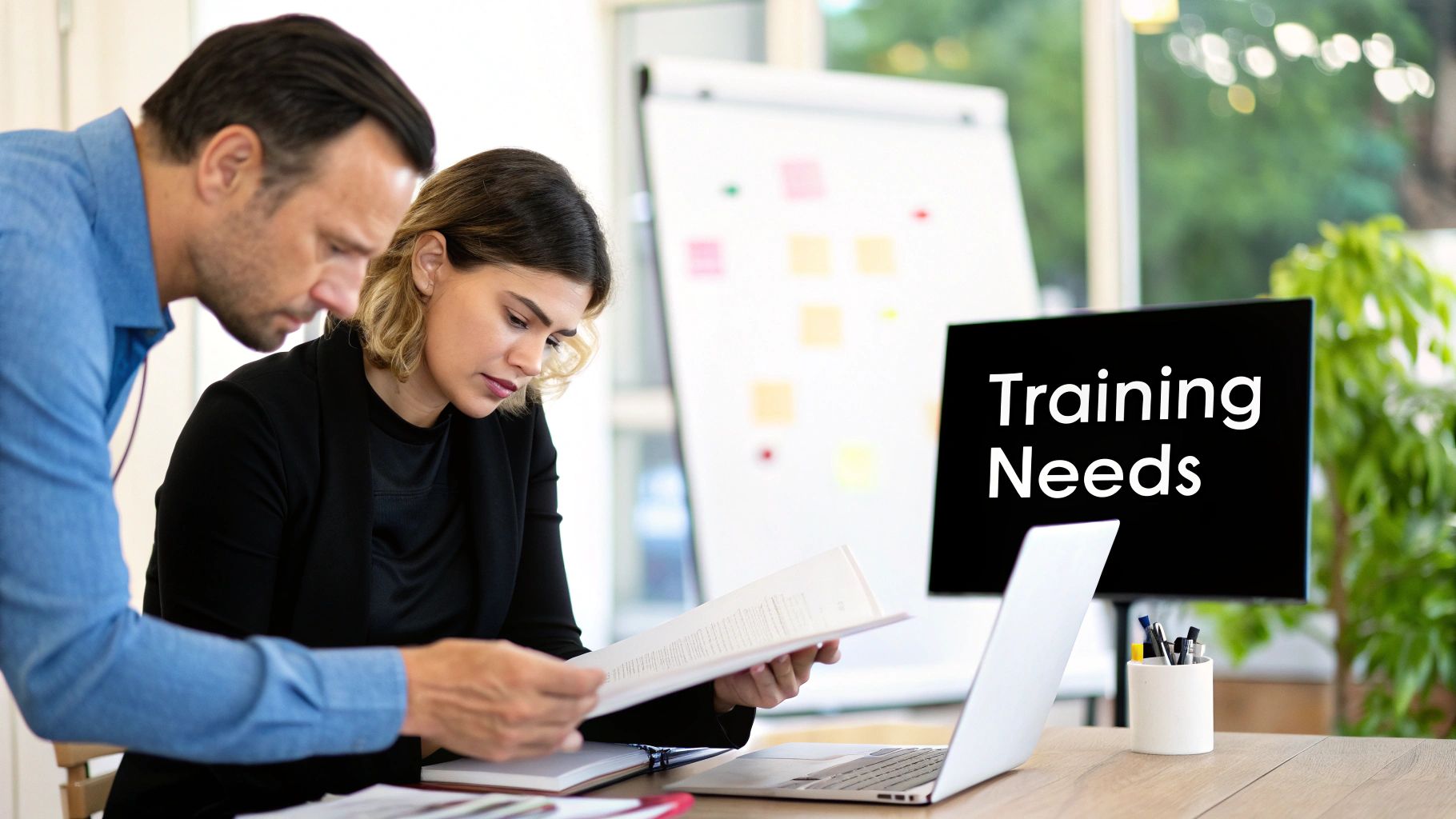 Two colleagues reviewing documents in an office, with a monitor displaying 'Training Needs' in the background.