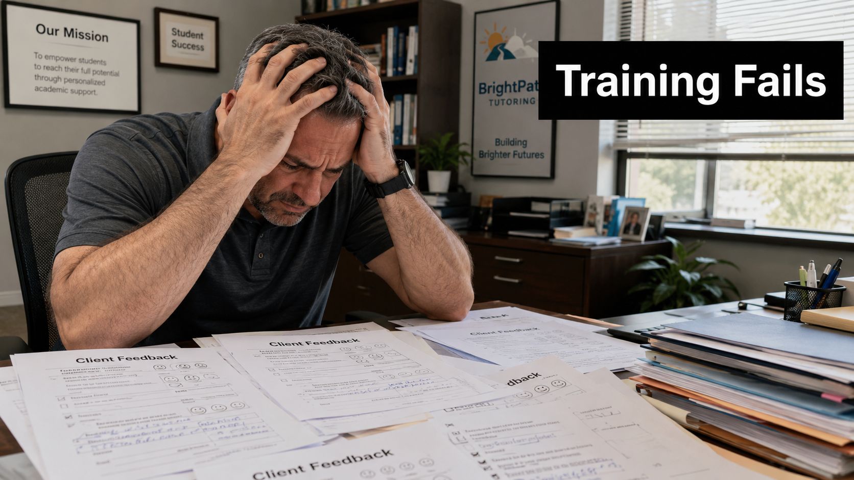 A frustrated tutor sitting at a messy desk buried under piles of negative client feedback forms.