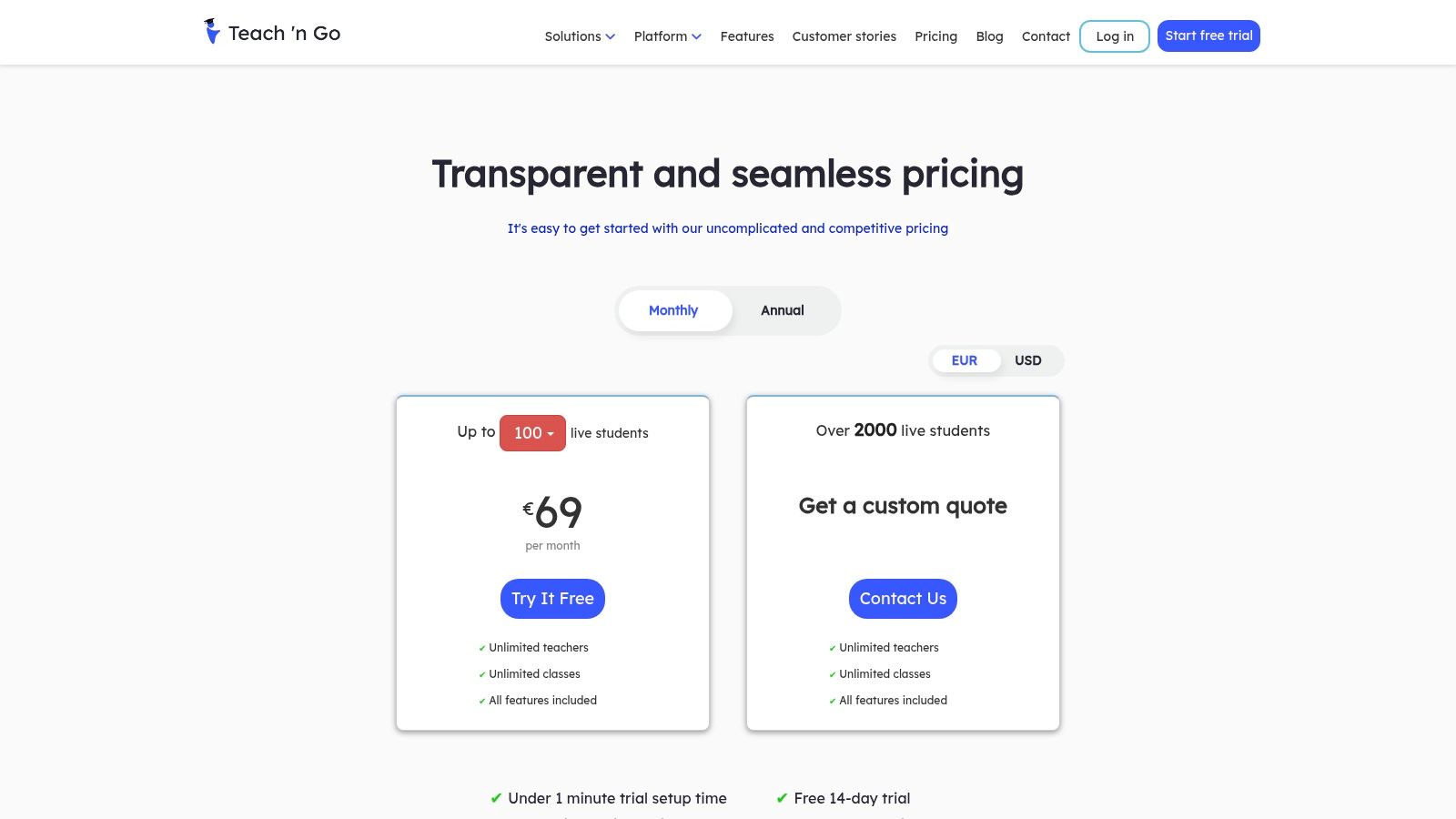 Teach ’n Go dashboard showing pricing plans and features.