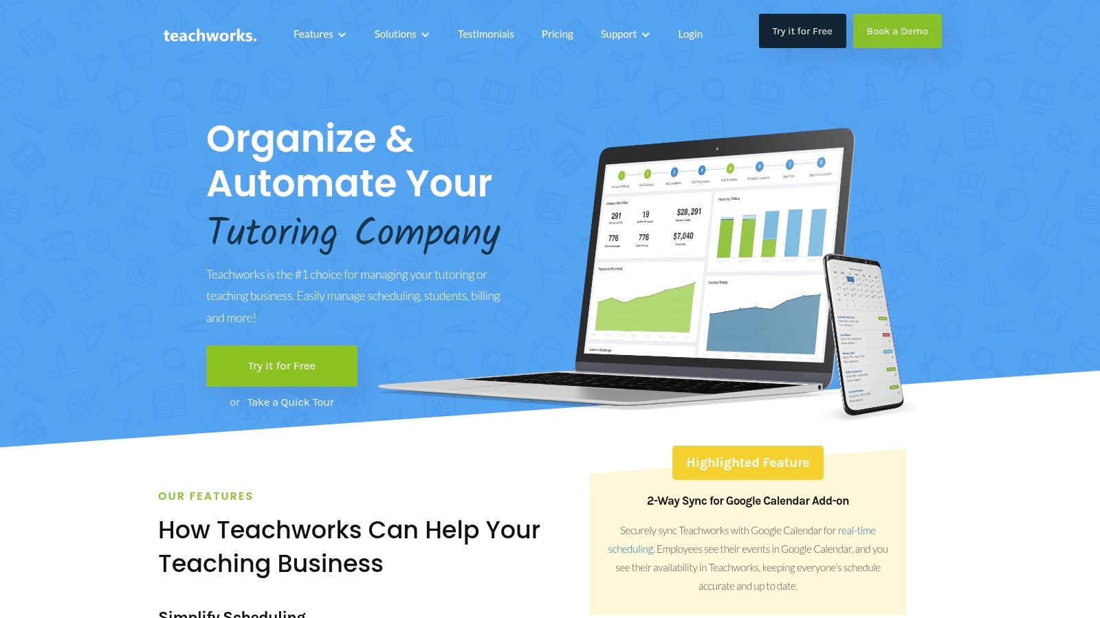 Teachworks dashboard showing an overview of scheduling and student management.