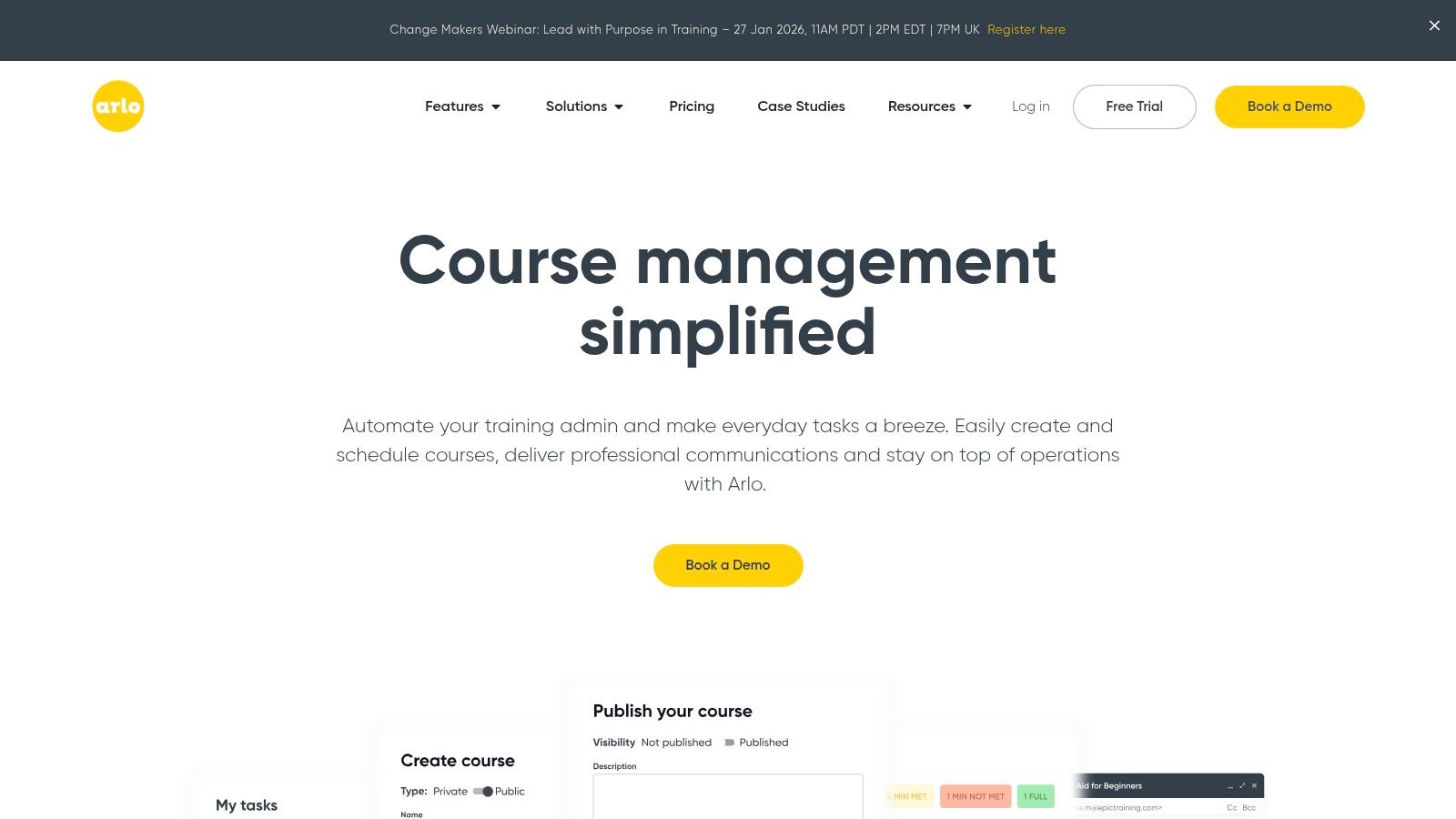 Arlo Training Management dashboard showing event templates and course management features.