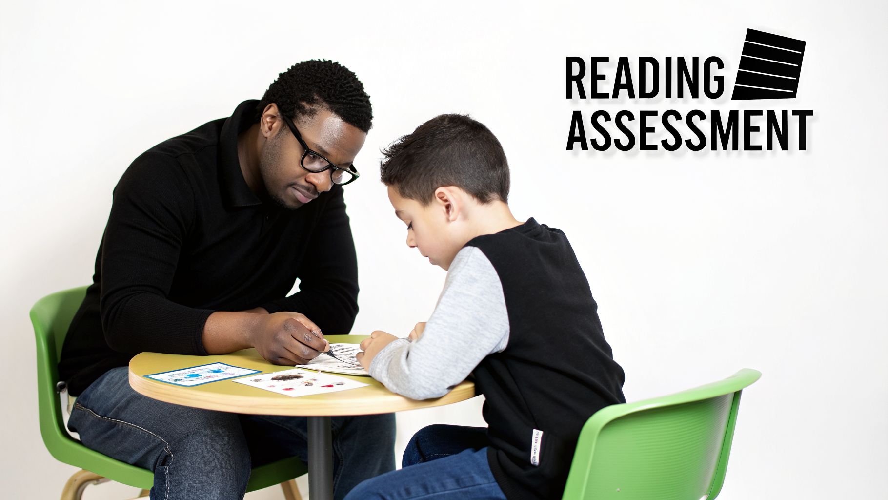 An adult helps a young boy with a reading assessment at a bright yellow table.