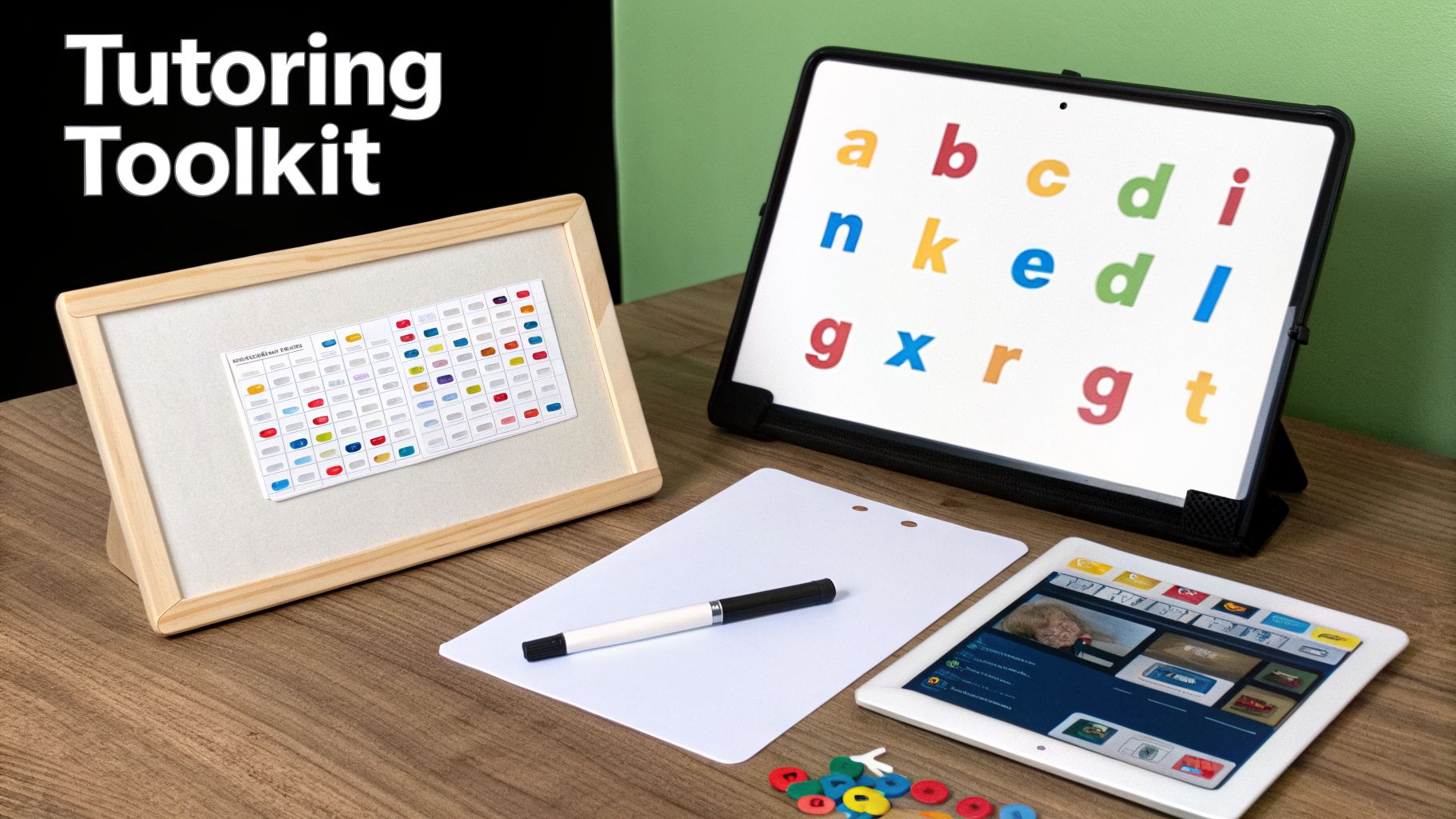 A tutoring toolkit laid out with a magnetic letter board, a tablet, and other learning aids.