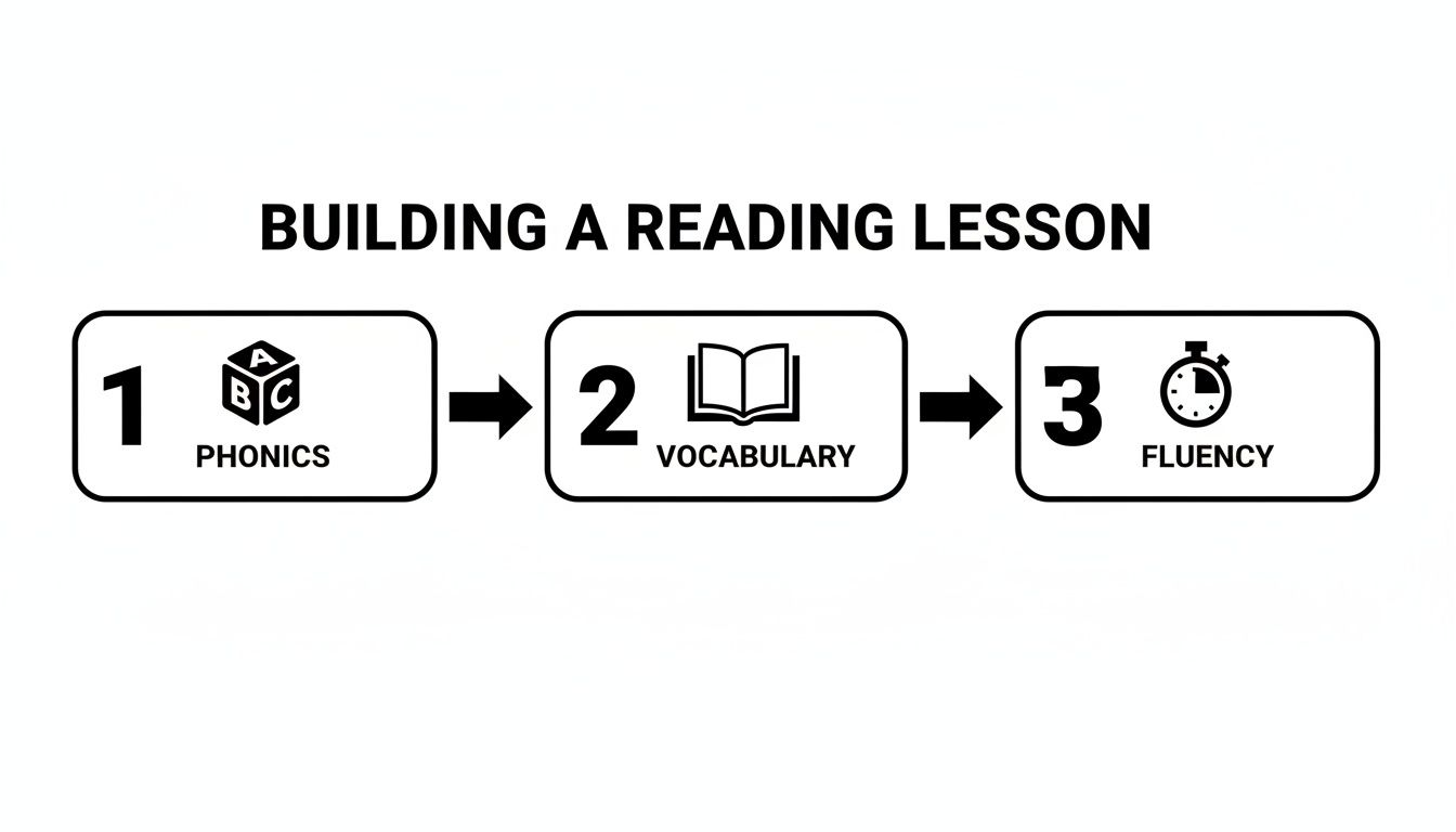 A flowchart showing three sequential steps to building a reading lesson: Phonics, Vocabulary, and Fluency.