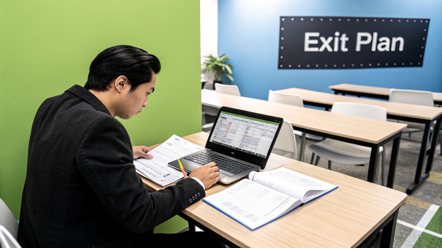 A man works on a laptop and papers at a desk, with an "Exit Plan" sign in the background.