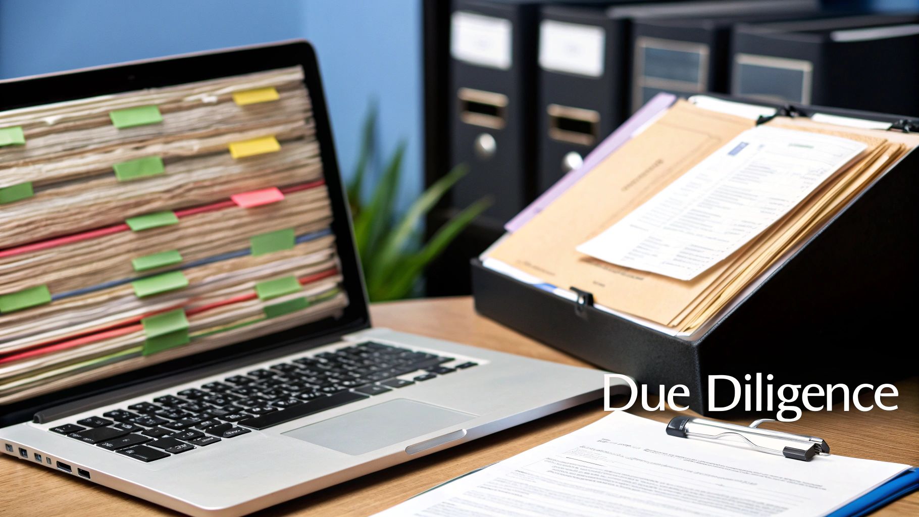 Laptop, files, and documents on a desk with 'Due Diligence' overlay, symbolizing thorough review.