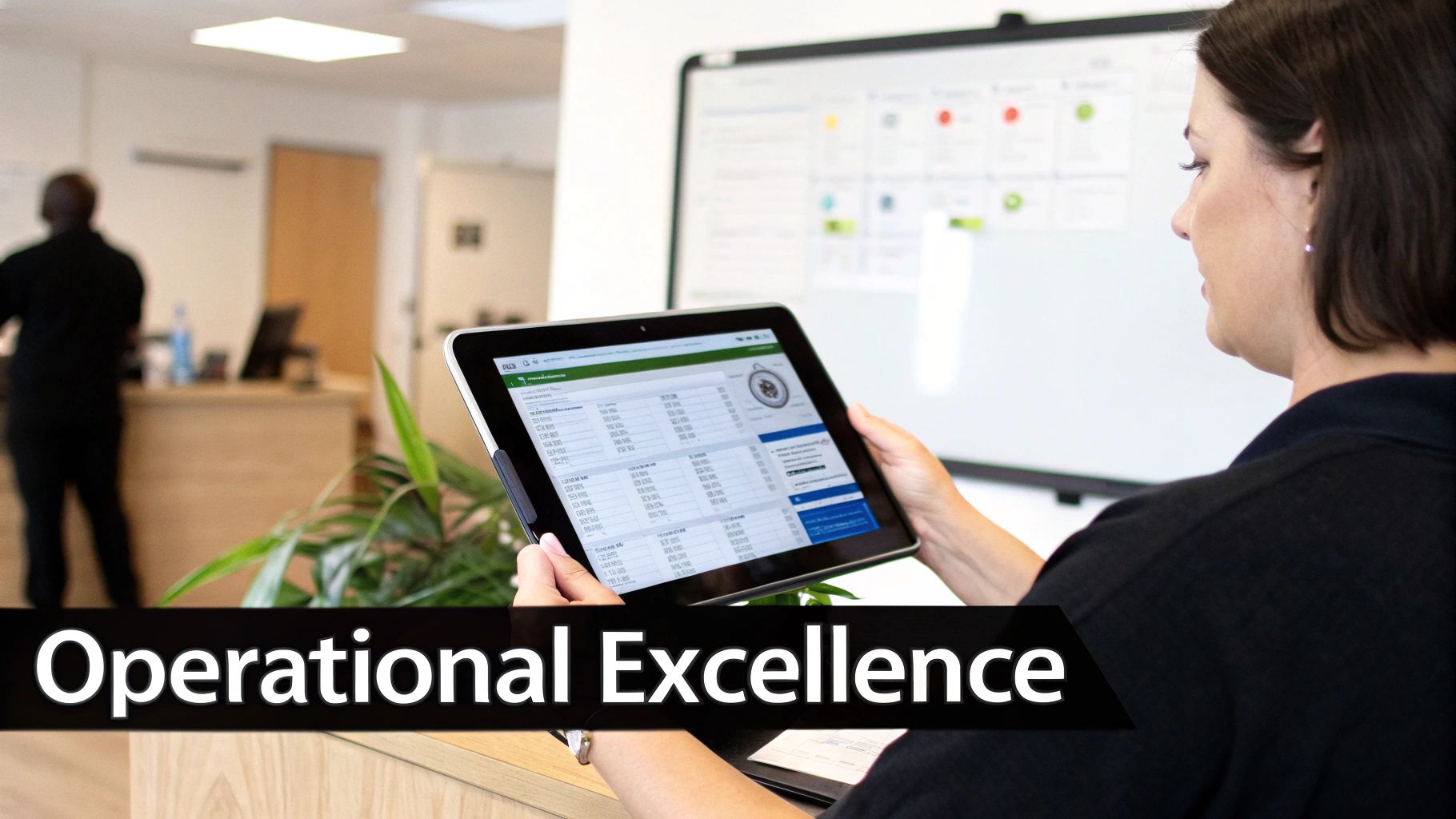 Woman in an office reviewing operational data on a tablet, with a large screen in the background.