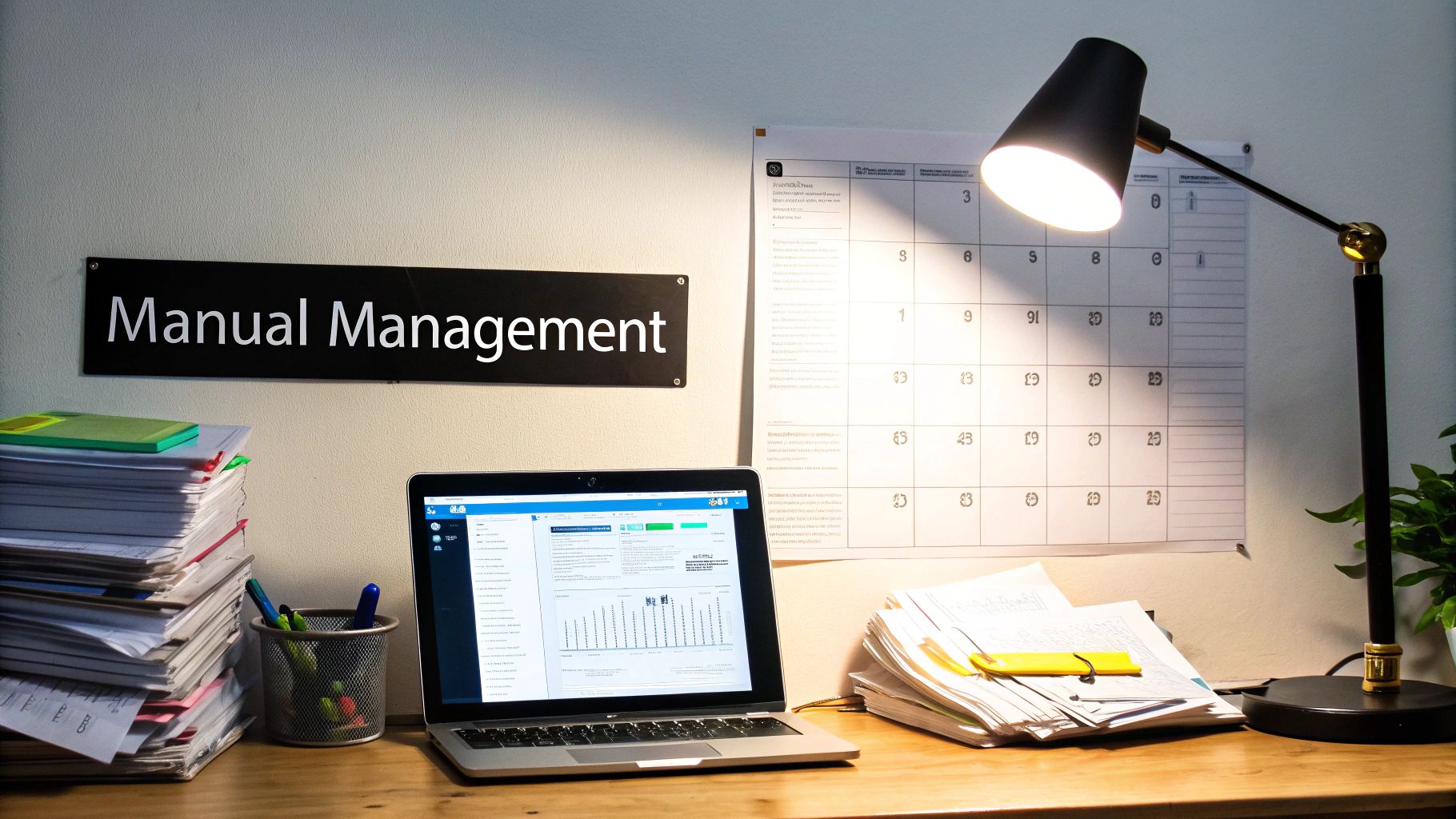 A cluttered office desk with a laptop, stacks of papers, and a "Manual Management" sign.