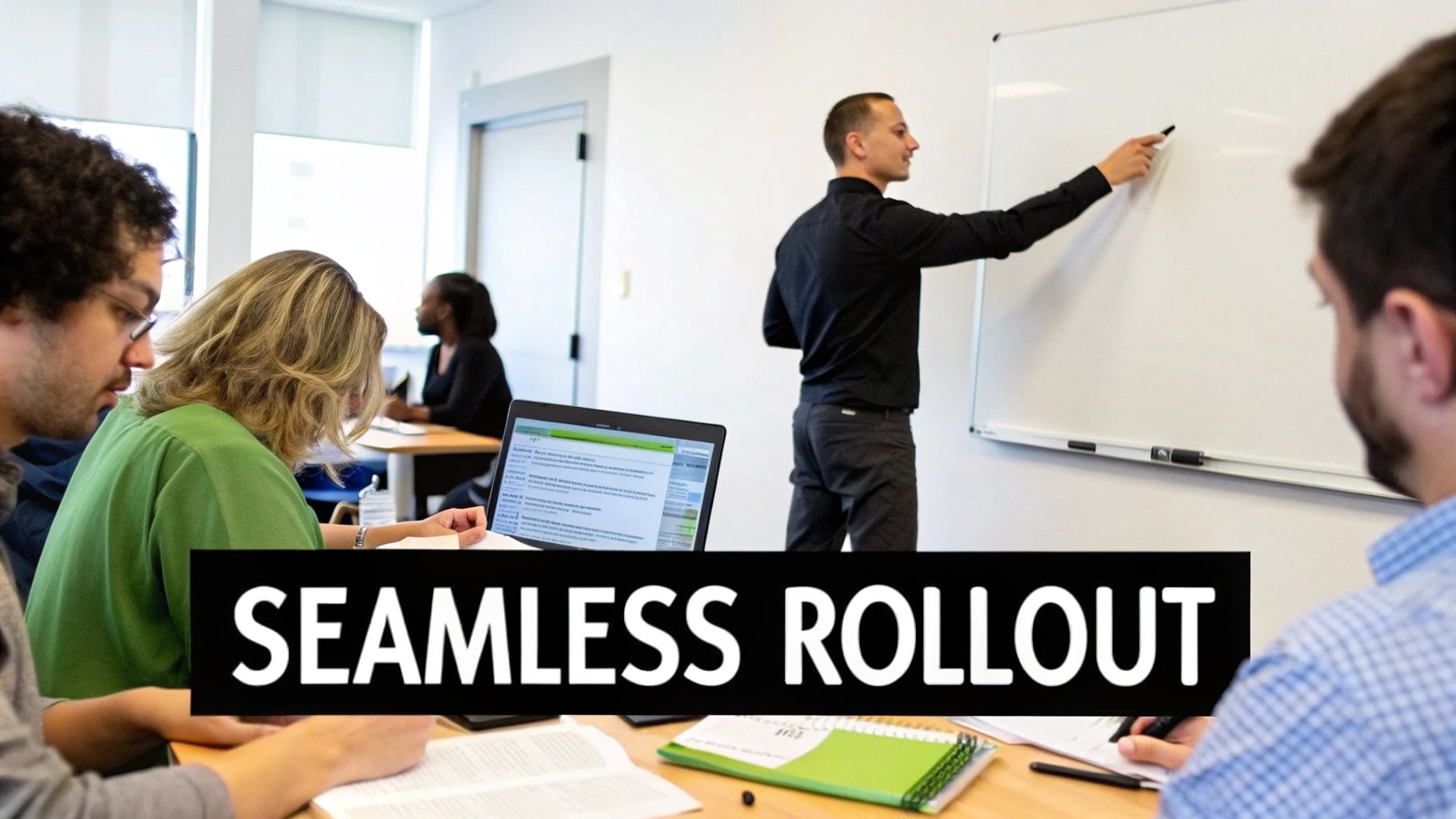 Students in a bright classroom with an instructor teaching at a whiteboard and others using laptops.