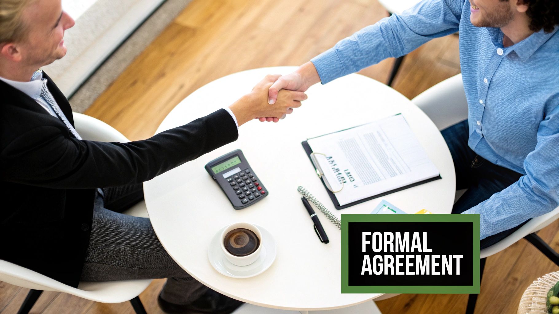 Two businessmen shaking hands across a table with documents, a calculator, and coffee, signifying a formal agreement.