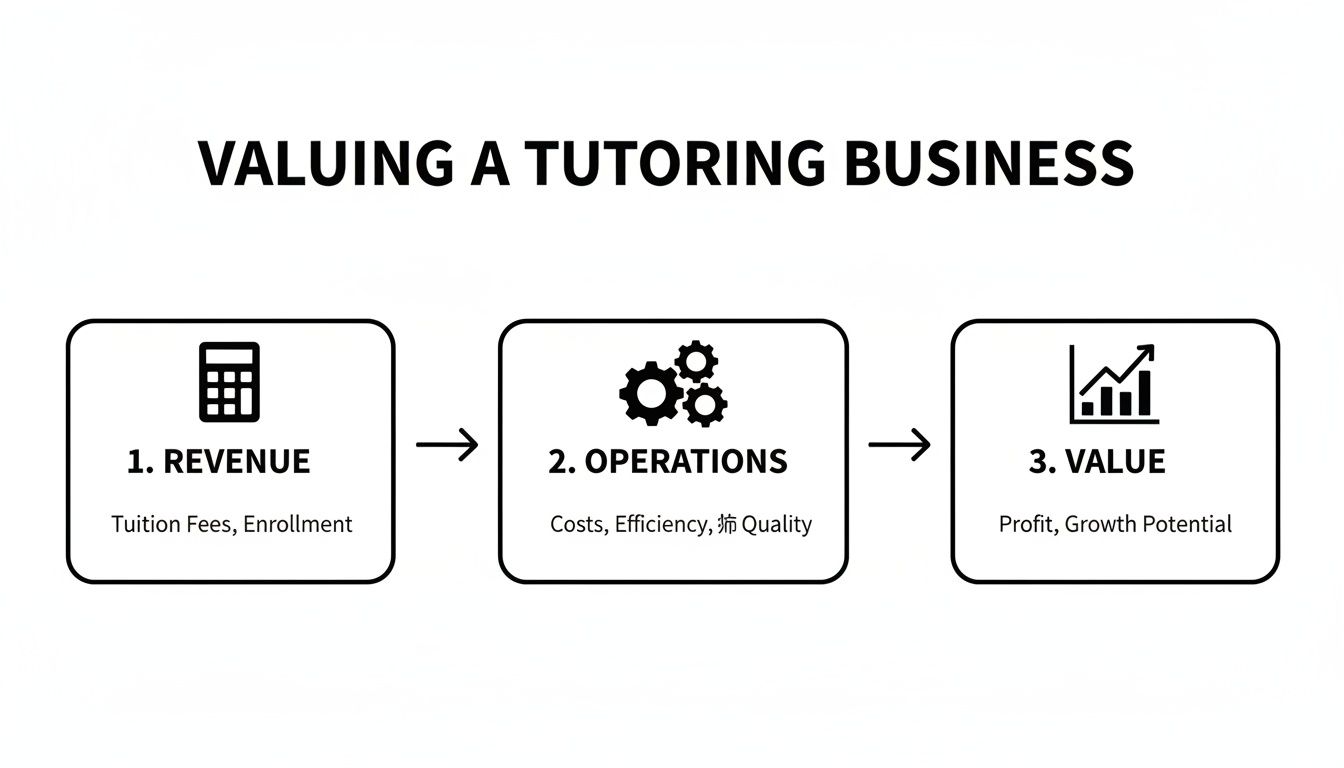 Flowchart illustrating the steps to value a tutoring business: Revenue, Operations, and Value.
