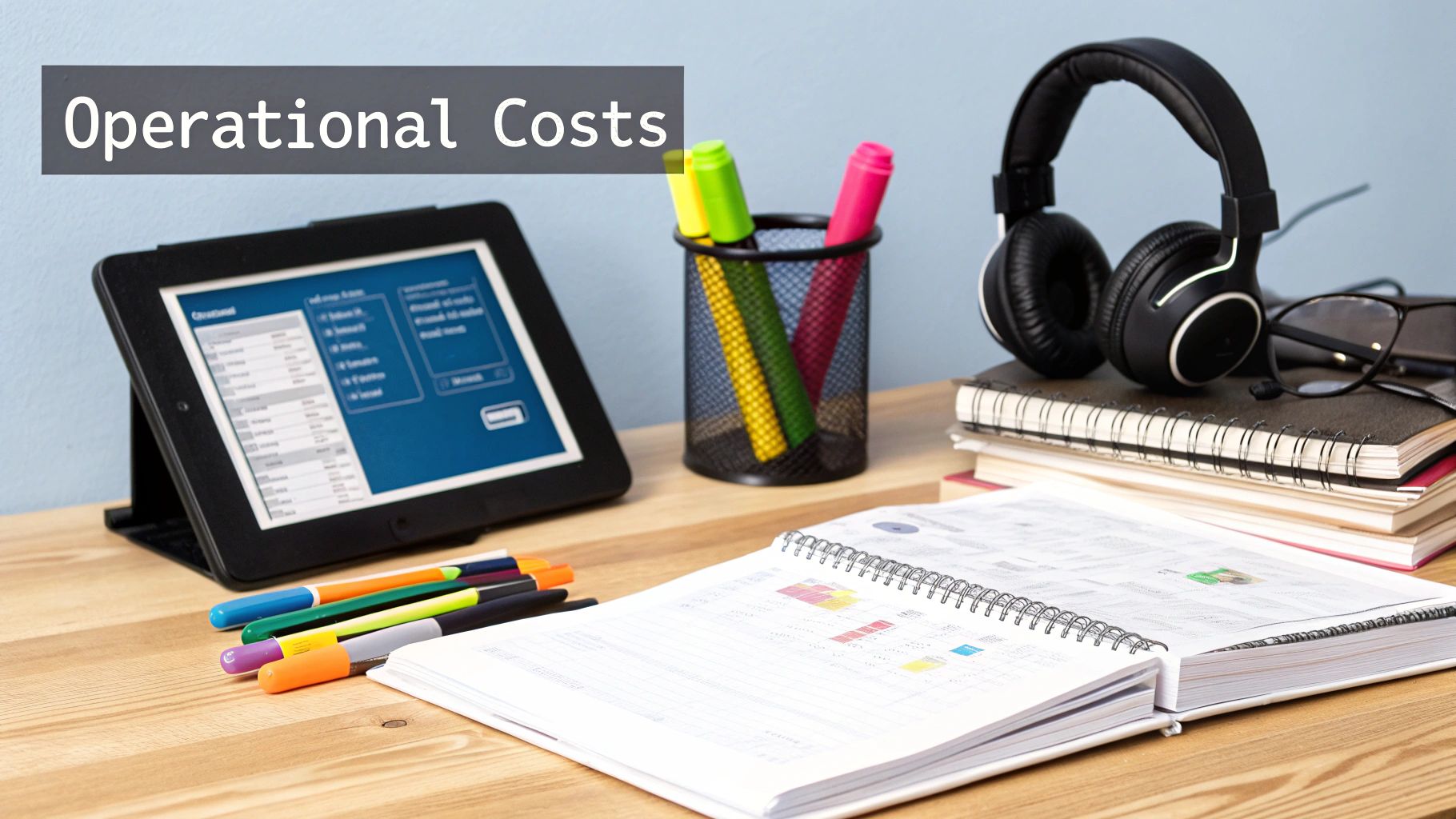 A desk with a tablet displaying data, headphones, notebooks, and pens, alongside text 'Operational Costs'.