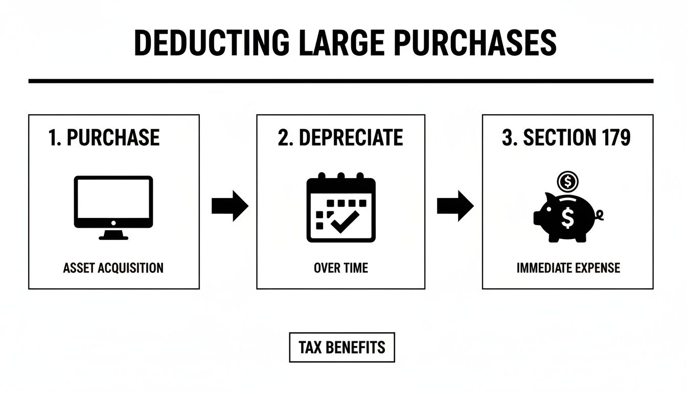 Flowchart showing three steps for deducting large purchases: acquisition, depreciation, and Section 179 expensing.