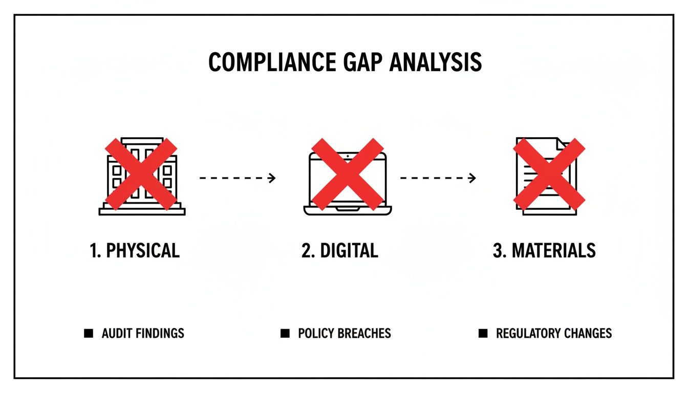 A diagram illustrating compliance gap analysis across physical, digital, and materials, identifying audit findings, policy breaches, and regulatory changes.