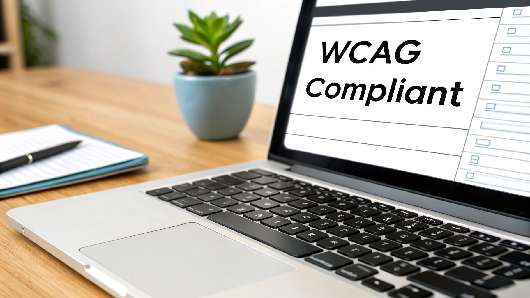 Laptop screen displaying 'WCAG Compliant' text, symbolizing web accessibility standards and compliance.
